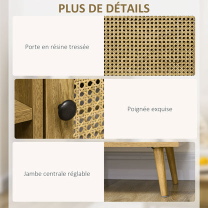 Buffet Storage Cabinet high on legs in Wood and Rattan with 2 Doors 4 compartments - dim. 90L x 32.5W x 120H cm