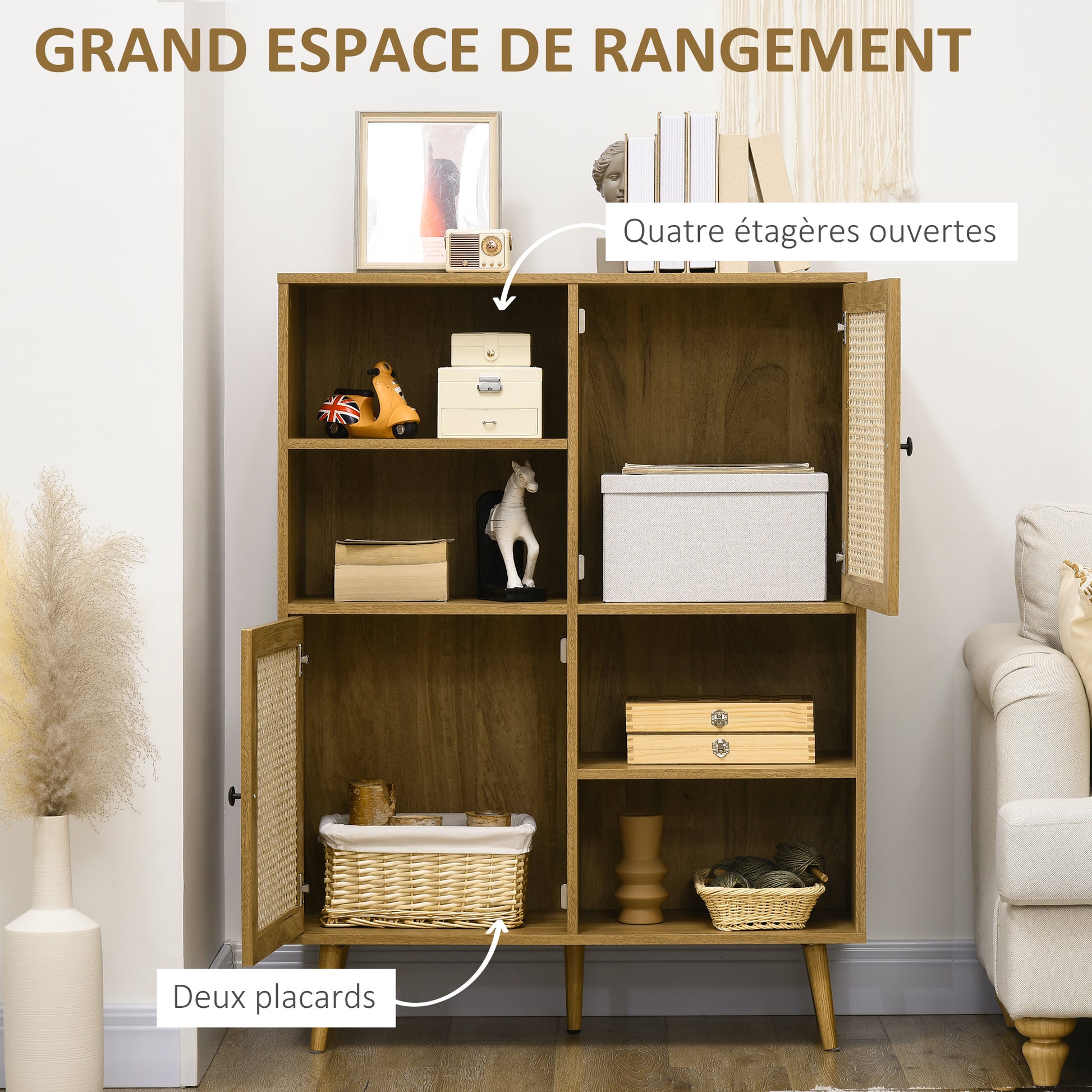 Buffet Storage Cabinet high on legs in Wood and Rattan with 2 Doors 4 compartments - dim. 90L x 32.5W x 120H cm