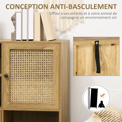 Buffet Storage Cabinet high on legs in Wood and Rattan with 2 Doors 4 compartments - dim. 90L x 32.5W x 120H cm