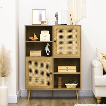 Buffet Storage Cabinet high on legs in Wood and Rattan with 2 Doors 4 compartments - dim. 90L x 32.5W x 120H cm
