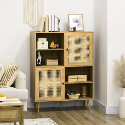 Buffet Storage Cabinet high on legs in Wood and Rattan with 2 Doors 4 compartments - dim. 90L x 32.5W x 120H cm