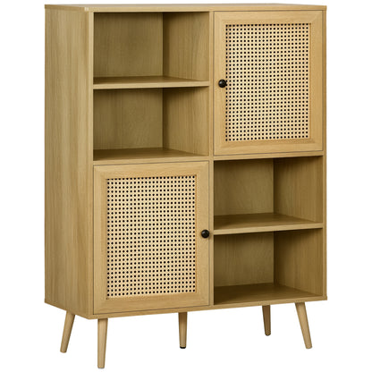 Buffet Storage Cabinet high on legs in Wood and Rattan with 2 Doors 4 compartments - dim. 90L x 32.5W x 120H cm