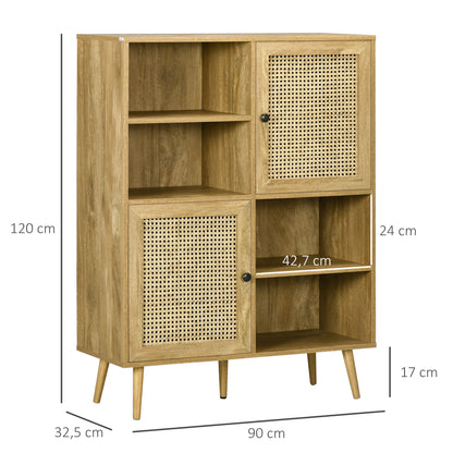 Buffet Storage Cabinet high on legs in Wood and Rattan with 2 Doors 4 compartments - dim. 90L x 32.5W x 120H cm
