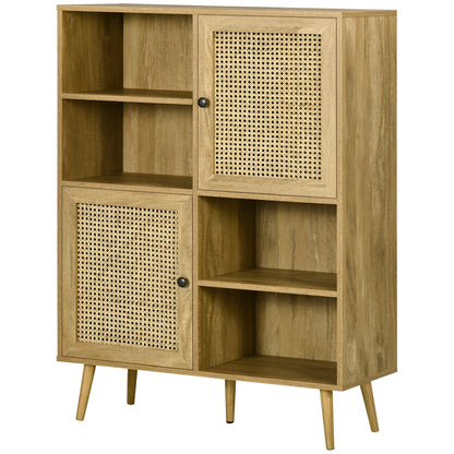 Buffet Storage Cabinet high on legs in Wood and Rattan with 2 Doors 4 compartments - dim. 90L x 32.5W x 120H cm