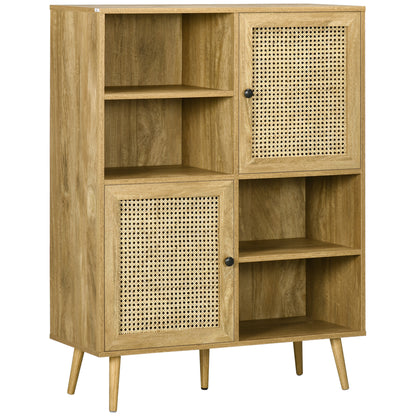 Buffet Storage Cabinet high on legs in Wood and Rattan with 2 Doors 4 compartments - dim. 90L x 32.5W x 120H cm