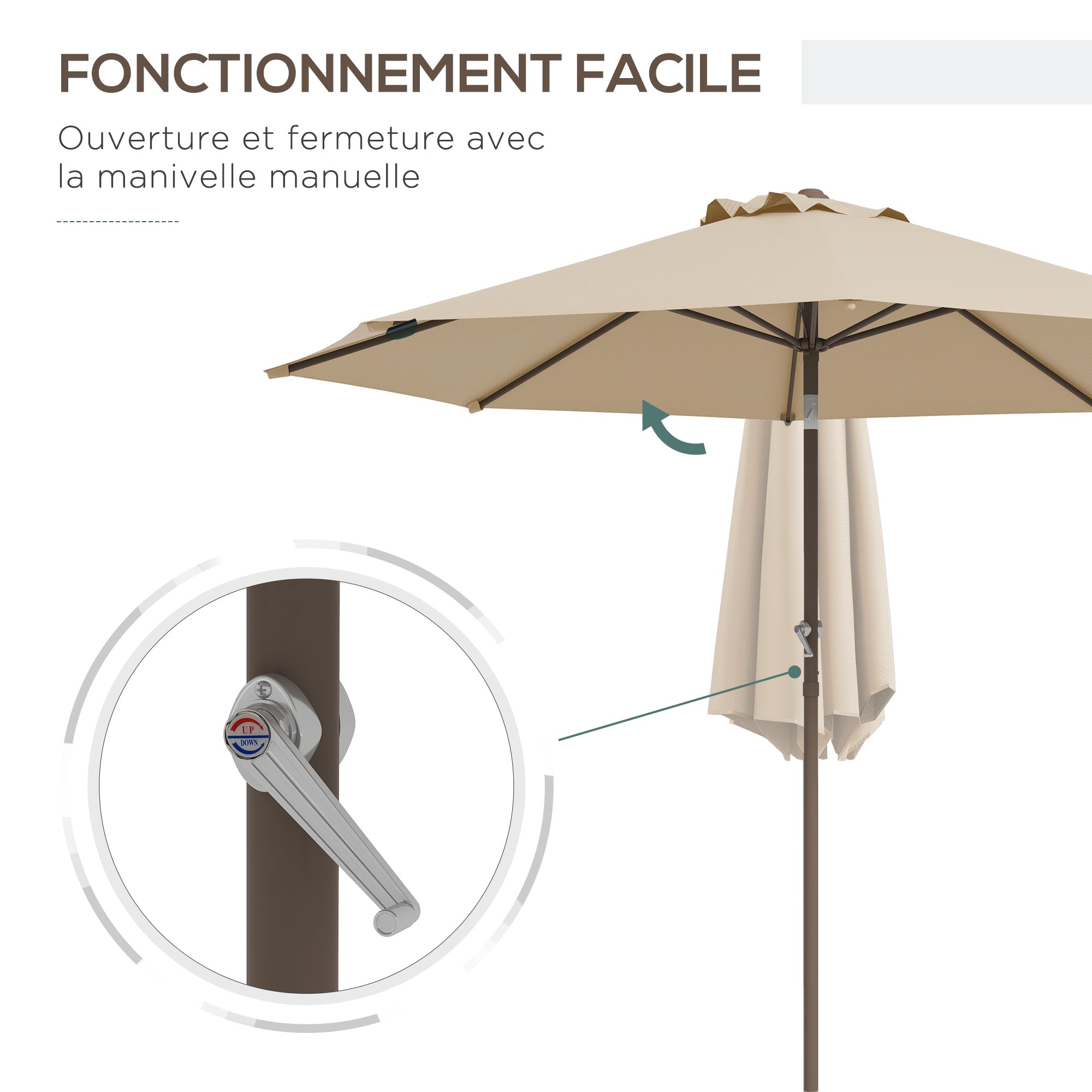 Garden Umbrella Straight Ø 2.63m Metal Round Polyester 180g/m² Tiltable crank beige