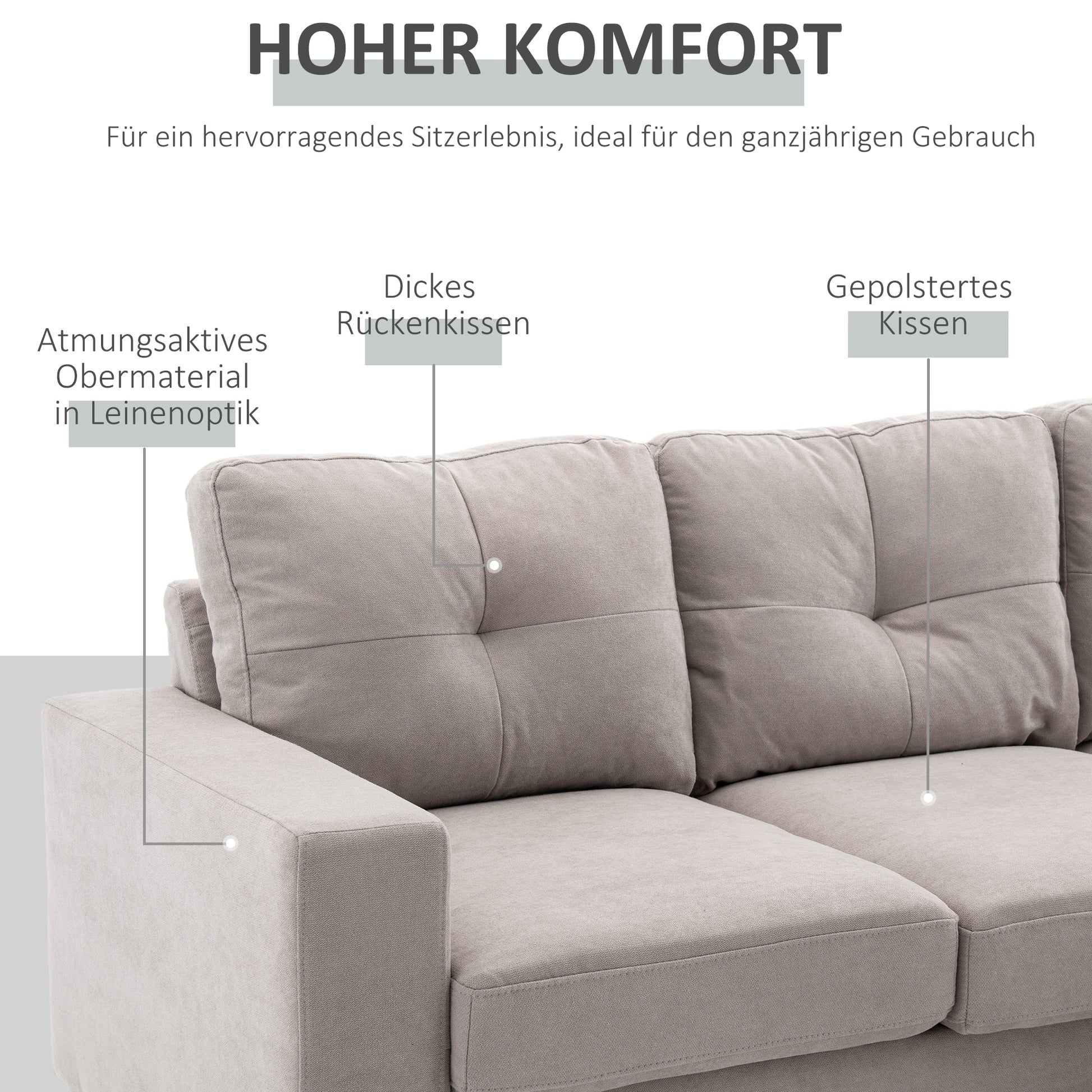 L-Shaped Fabric Sofa, Couch Set in Linen Look, Corner Sofa with Chaise Longue for 3 People, Corner Couch for Living Room, Light Gray, 193 x 136 x 85 cm