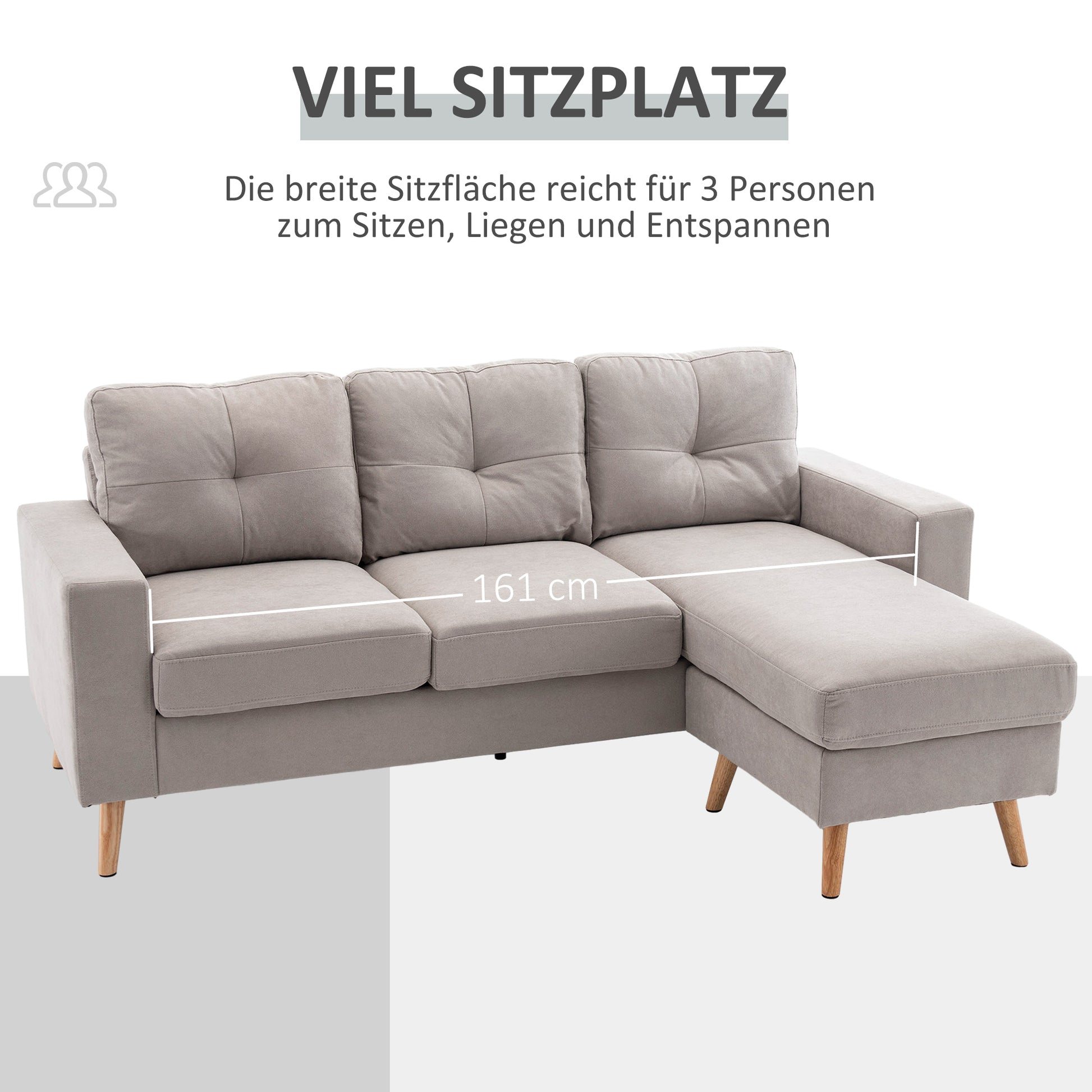 L-Shaped Fabric Sofa, Couch Set in Linen Look, Corner Sofa with Chaise Longue for 3 People, Corner Couch for Living Room, Light Gray, 193 x 136 x 85 cm