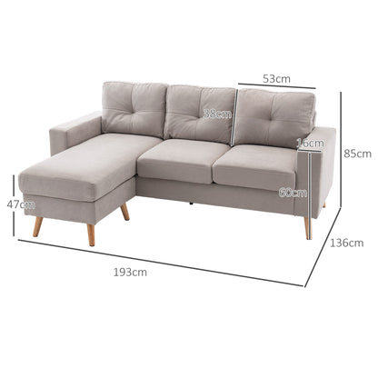 L-Shaped Fabric Sofa, Couch Set in Linen Look, Corner Sofa with Chaise Longue for 3 People, Corner Couch for Living Room, Light Gray, 193 x 136 x 85 cm