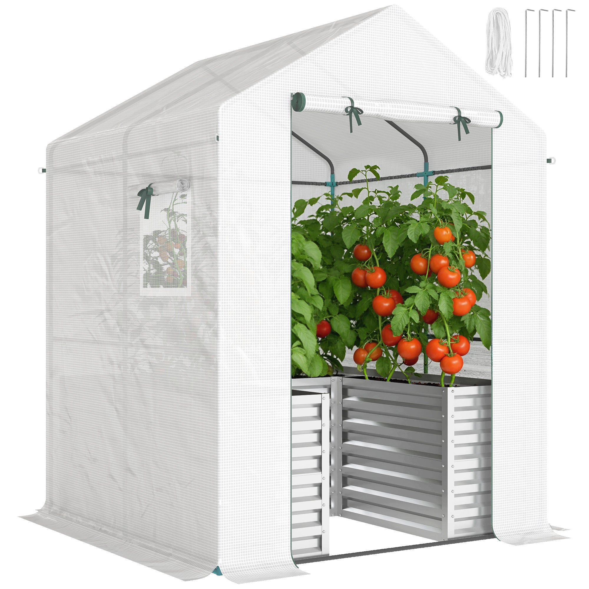 PE Film Tomato Greenhouse with Raised Bed, Roll-Up Door & Windows, Sloped Roof — 141 × 141 × 190 cm (55.5 × 55.5 × 74.8 in) — White