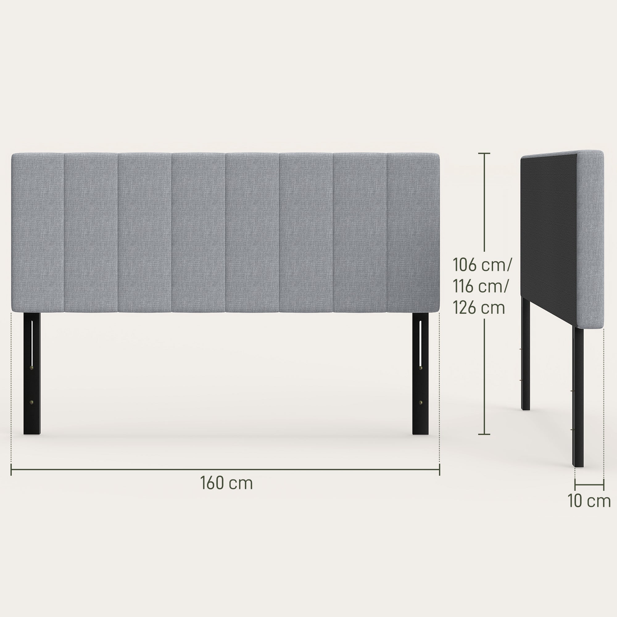 3-Height Adjustable Upholstered Headboard, Linen-Look, Foam-Padded with Metal Legs — Gray (Fits 59–63" Beds)