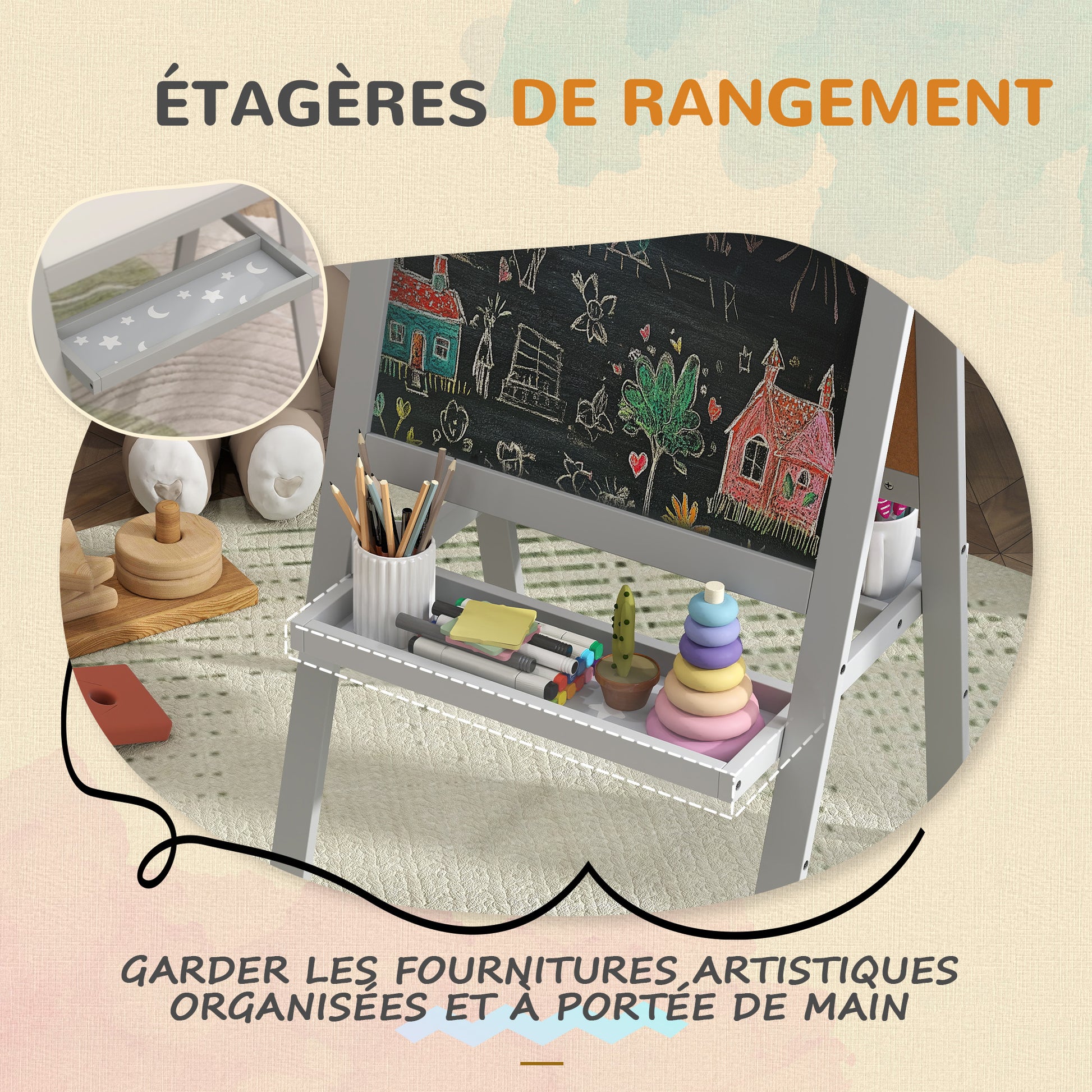 Children's Easel Painting Easel Double Sided with Whiteboard and Blackboard, Storage Shelves Included, Children's Board 18-48 Months, Gray
