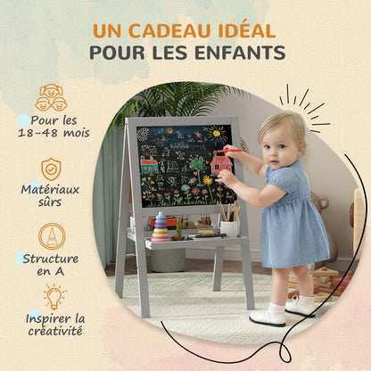 Children's Easel Painting Easel Double Sided with Whiteboard and Blackboard, Storage Shelves Included, Children's Board 18-48 Months, Gray