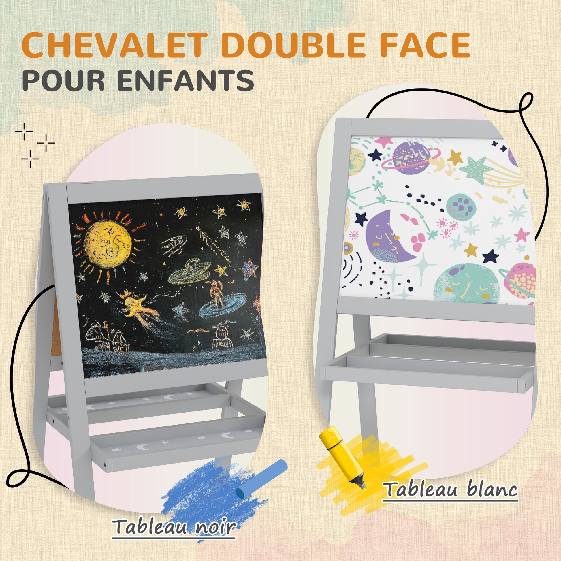 Children's Easel Painting Easel Double Sided with Whiteboard and Blackboard, Storage Shelves Included, Children's Board 18-48 Months, Gray