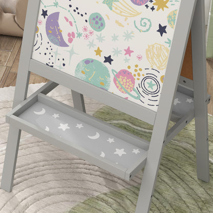 Children's Easel Painting Easel Double Sided with Whiteboard and Blackboard, Storage Shelves Included, Children's Board 18-48 Months, Gray