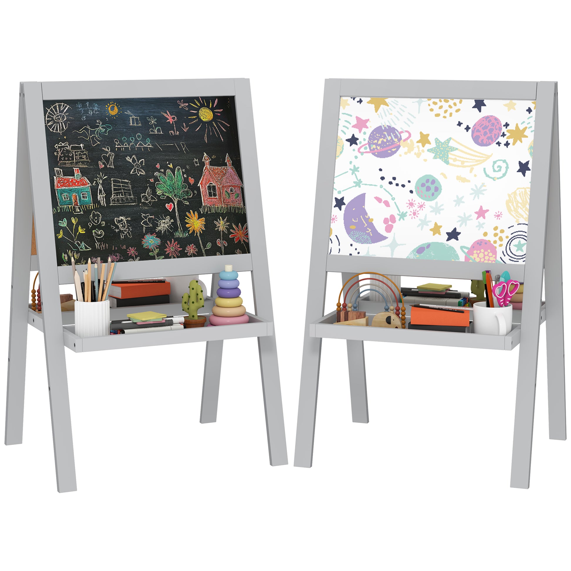Children's Easel Painting Easel Double Sided with Whiteboard and Blackboard, Storage Shelves Included, Children's Board 18-48 Months, Gray