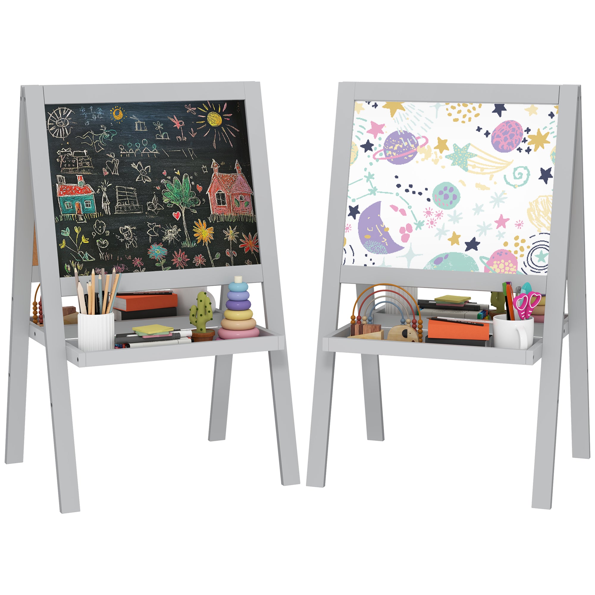 Children's Easel Painting Easel Double Sided with Whiteboard and Blackboard, Storage Shelves Included, Children's Board 18-48 Months, Gray