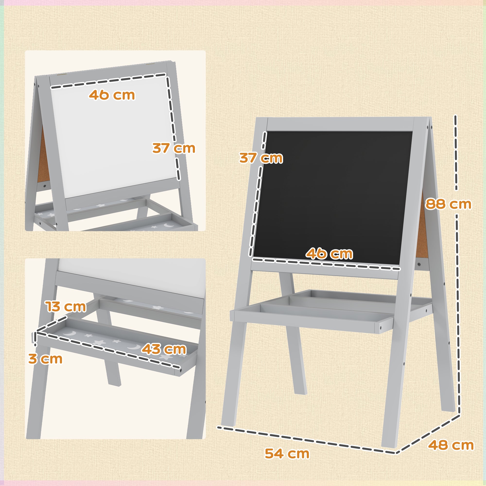 Children's Easel Painting Easel Double Sided with Whiteboard and Blackboard, Storage Shelves Included, Children's Board 18-48 Months, Gray