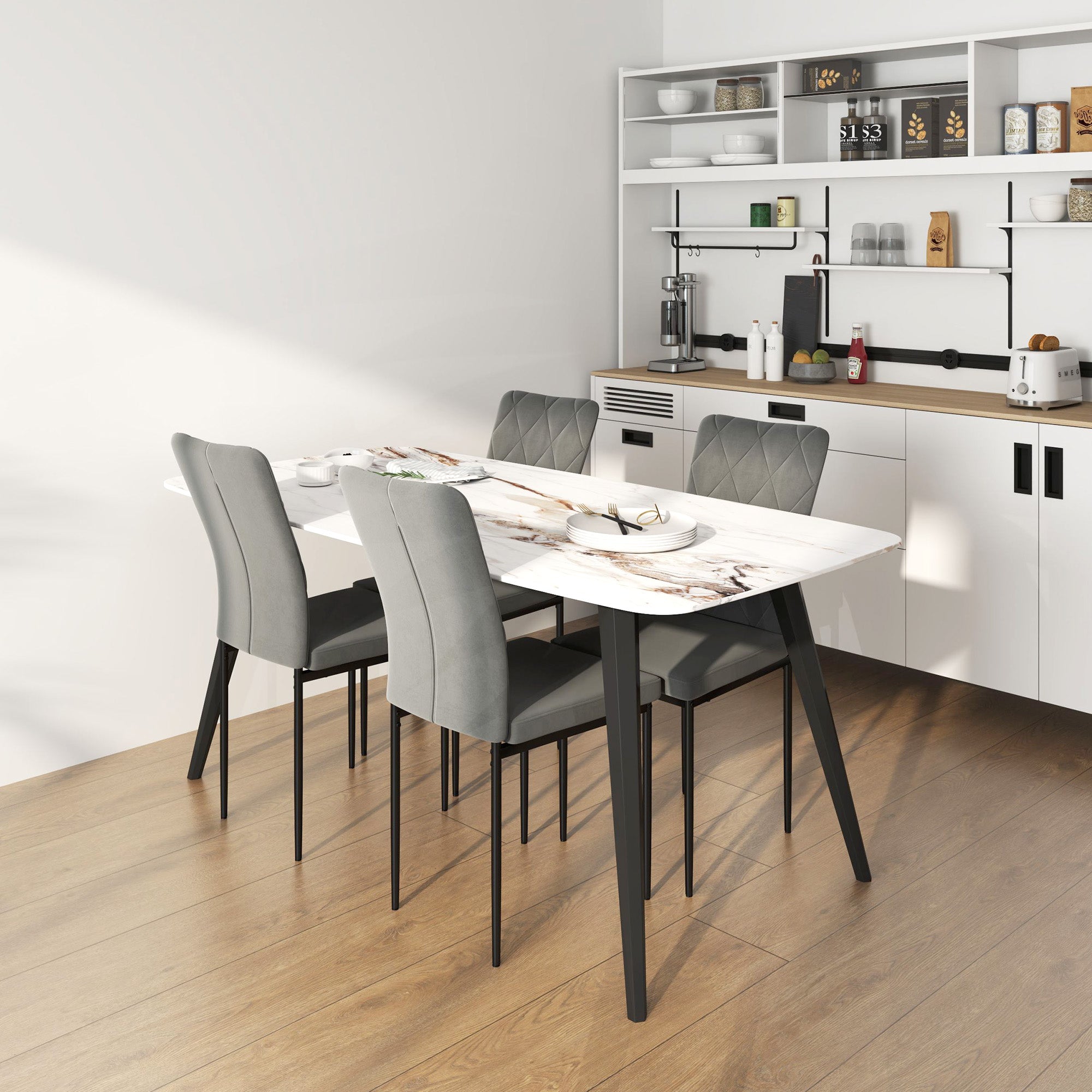 Dining Chairs Set of 4 Kitchen Chair with Backrest, Velvet Look, Upholstered Chair with Steel Legs, Modern Chairs, Living Room Chair for Dining Room, Living Room Dark Gray
