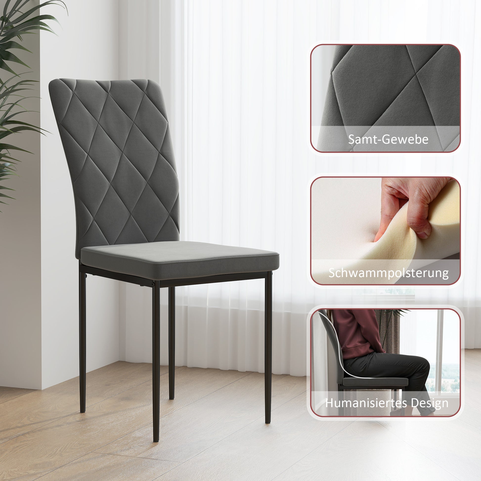 Dining Chairs Set of 4 Kitchen Chair with Backrest, Velvet Look, Upholstered Chair with Steel Legs, Modern Chairs, Living Room Chair for Dining Room, Living Room Dark Gray