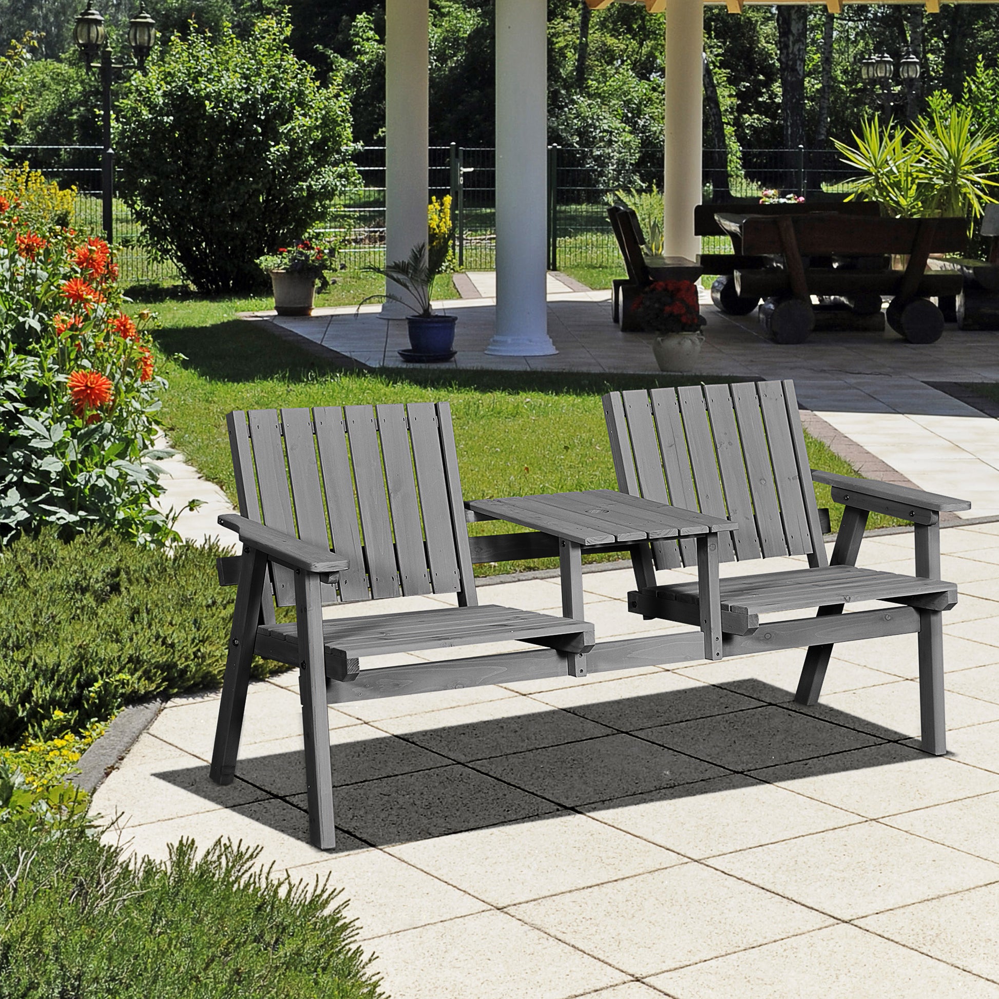 Garden Bench with Table, Seating Group, Patio Furniture, with Umbrella Hole, Bench, 2 Chairs, Solid Wood, Gray, 152 x 70 x 83 cm