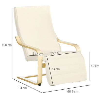 Armchair Living Room Recliner Lounge Chair Rest Chair with Armrests made of Birch Wood, 5-way adjustable Footrest, Reading Chair with Linen Look, Upholstered Chair for Bedroom, Cream White