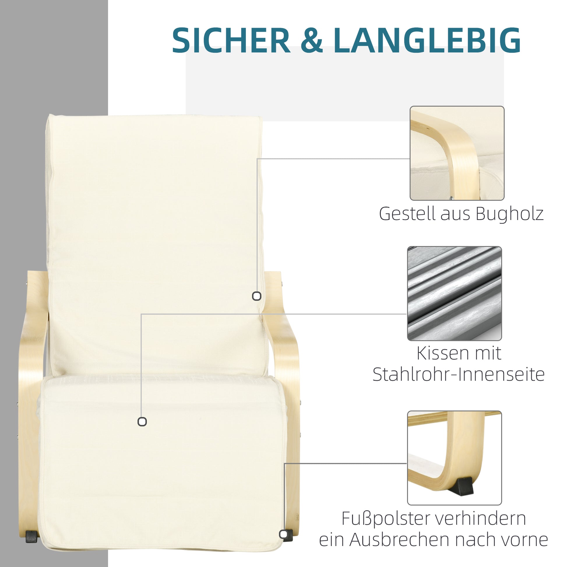 Armchair Living Room Recliner Lounge Chair Rest Chair with Armrests made of Birch Wood, 5-way adjustable Footrest, Reading Chair with Linen Look, Upholstered Chair for Bedroom, Cream White