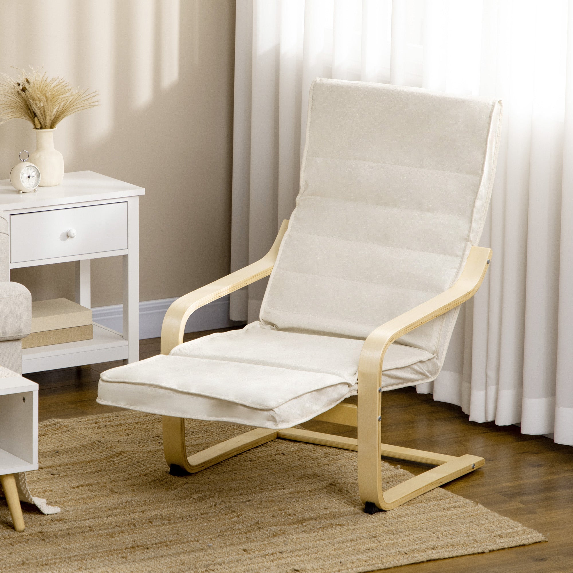 Armchair Living Room Recliner Lounge Chair Rest Chair with Armrests made of Birch Wood, 5-way adjustable Footrest, Reading Chair with Linen Look, Upholstered Chair for Bedroom, Cream White