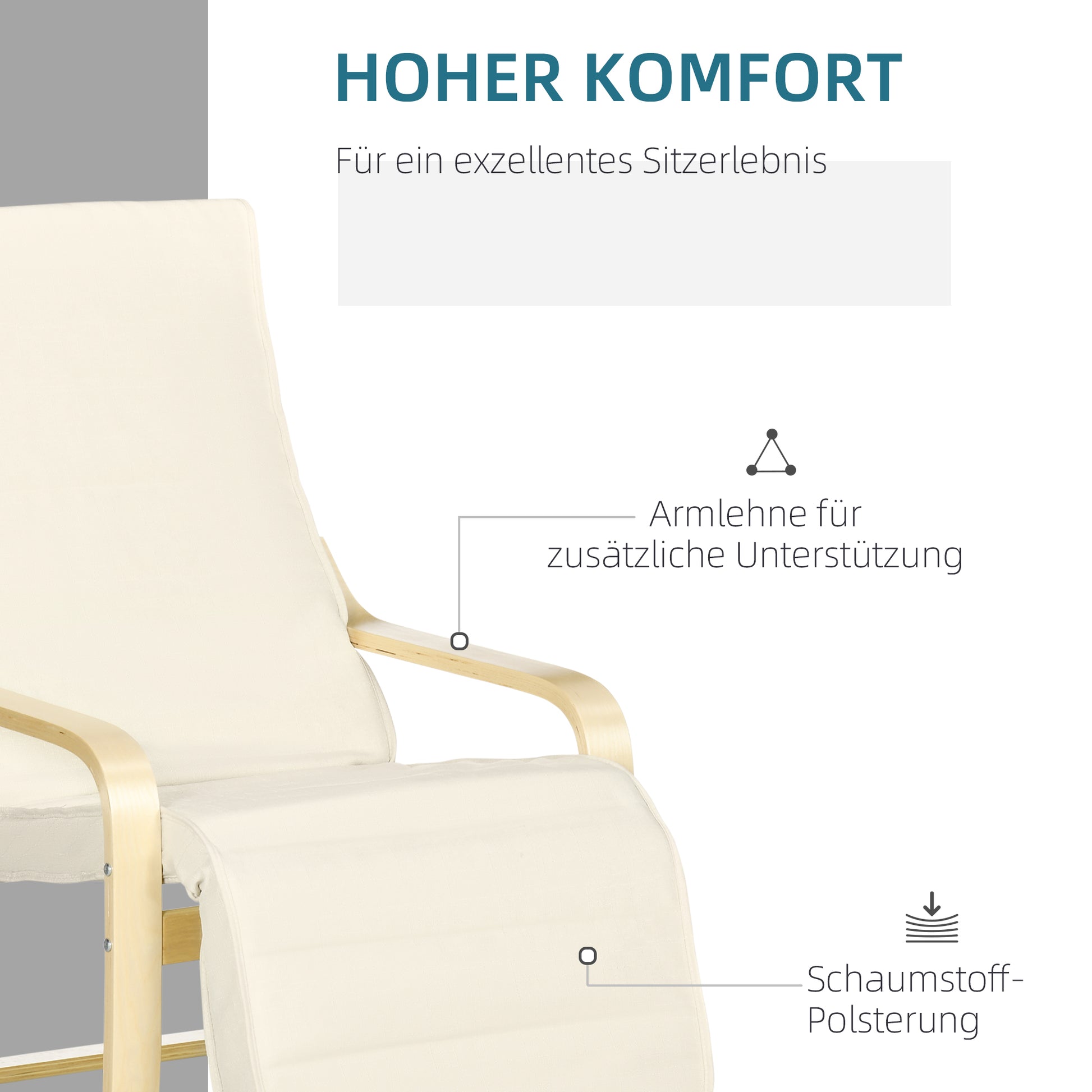 Armchair Living Room Recliner Lounge Chair Rest Chair with Armrests made of Birch Wood, 5-way adjustable Footrest, Reading Chair with Linen Look, Upholstered Chair for Bedroom, Cream White