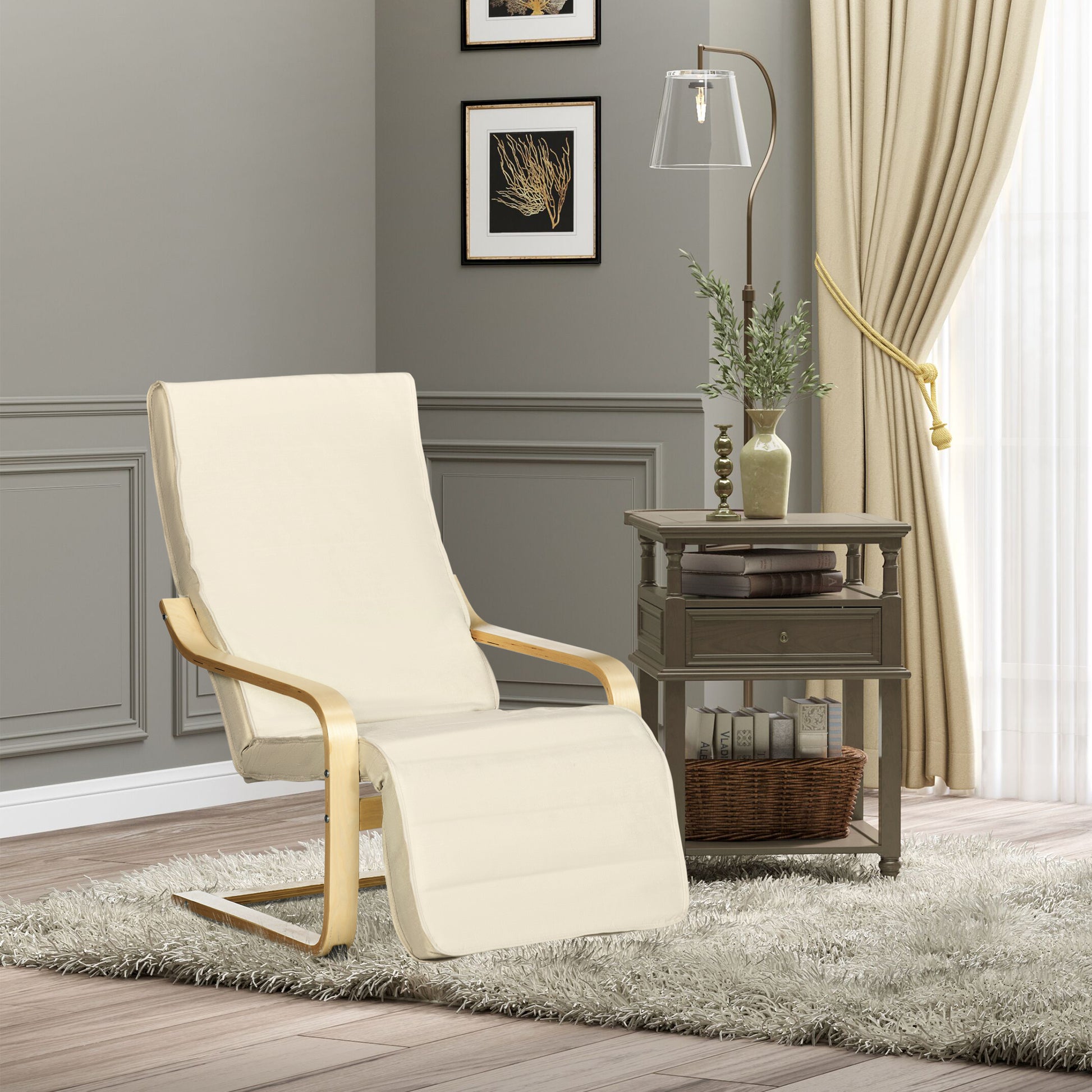 Armchair Living Room Recliner Lounge Chair Rest Chair with Armrests made of Birch Wood, 5-way adjustable Footrest, Reading Chair with Linen Look, Upholstered Chair for Bedroom, Cream White