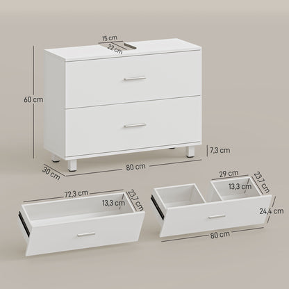 White dresser with dimensions labeled on a beige background