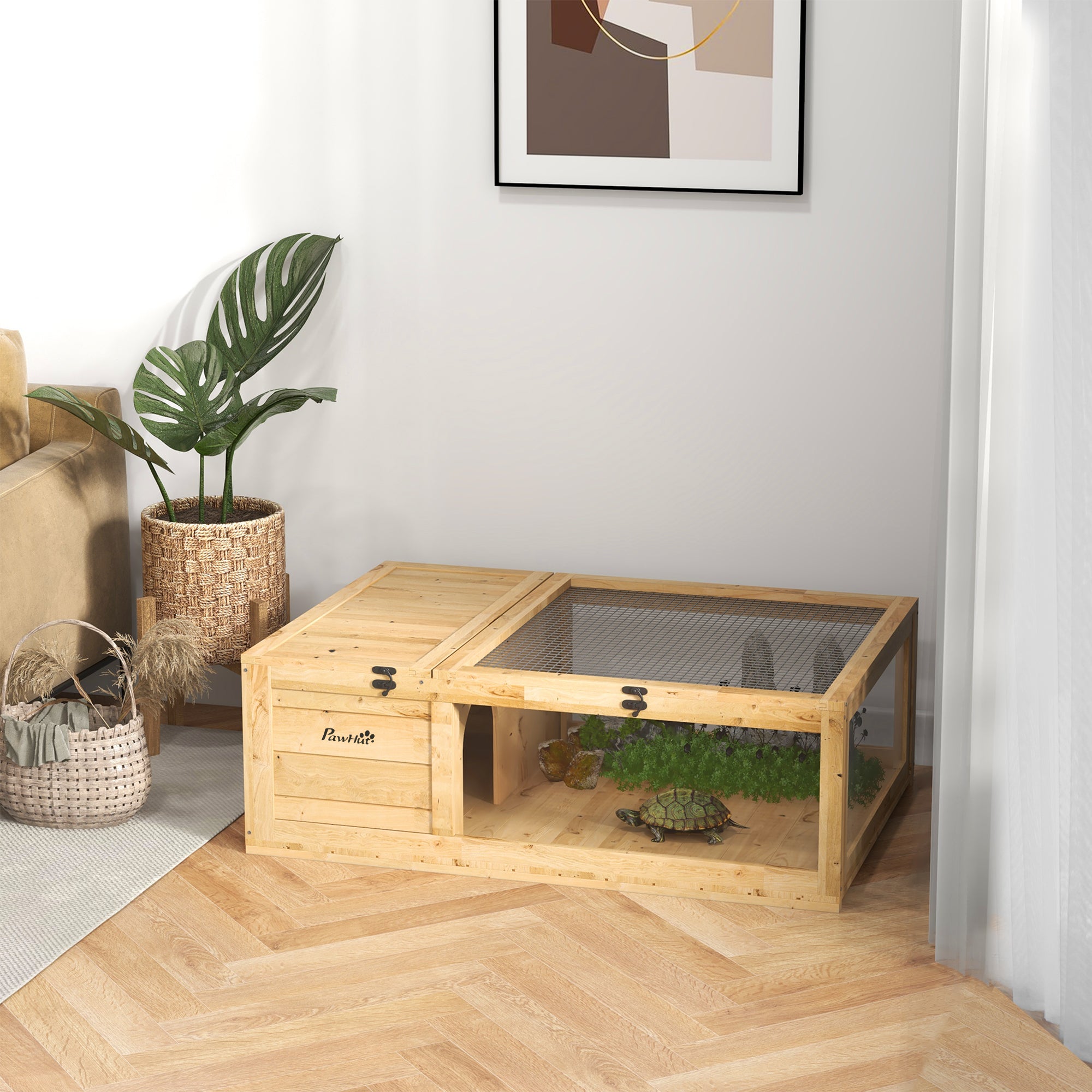 House Enclosure Habitat Cage for Small Tortoises with 2 Spaces 91 x 60.5 x 32 cm Light Yellow Solid Wood