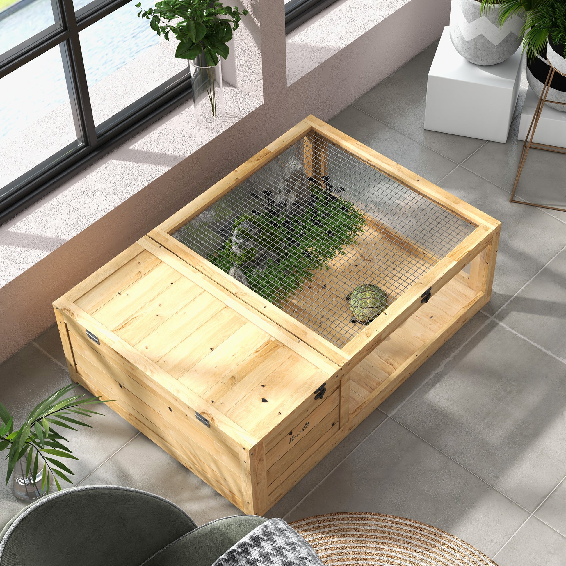 House Enclosure Habitat Cage for Small Tortoises with 2 Spaces 91 x 60.5 x 32 cm Light Yellow Solid Wood