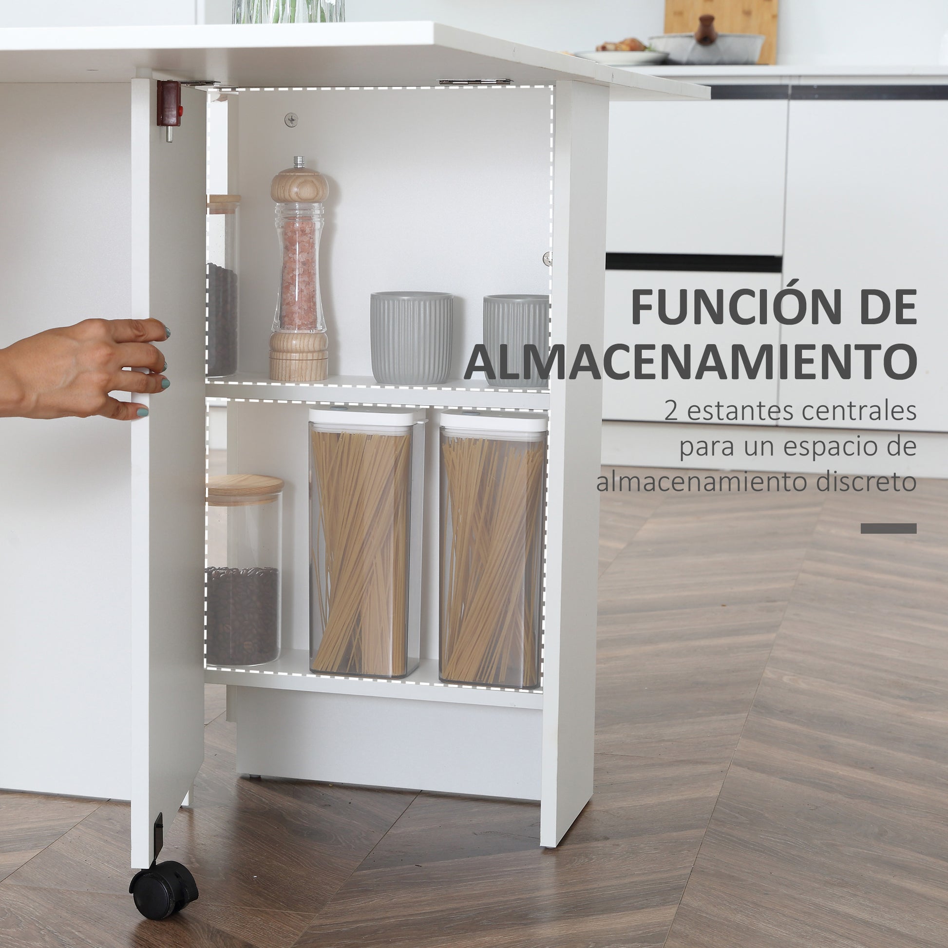 Folding Dining Table Kitchen Table with Wheels Foldable Wings and Shelves for 4-6 People 75x140x74 cm White