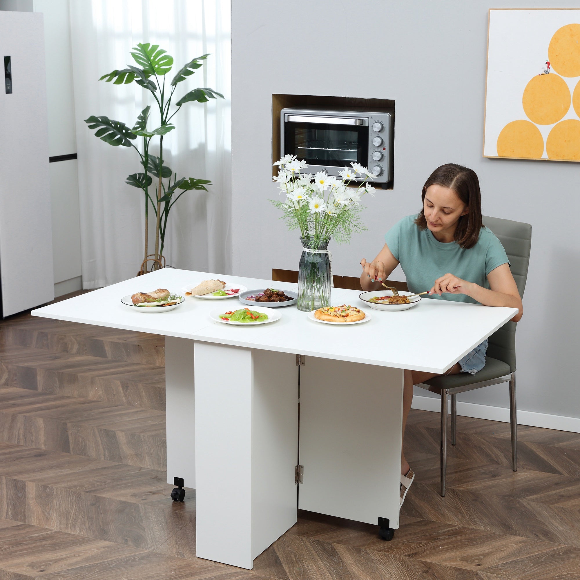 Folding Dining Table Kitchen Table with Wheels Foldable Wings and Shelves for 4-6 People 75x140x74 cm White