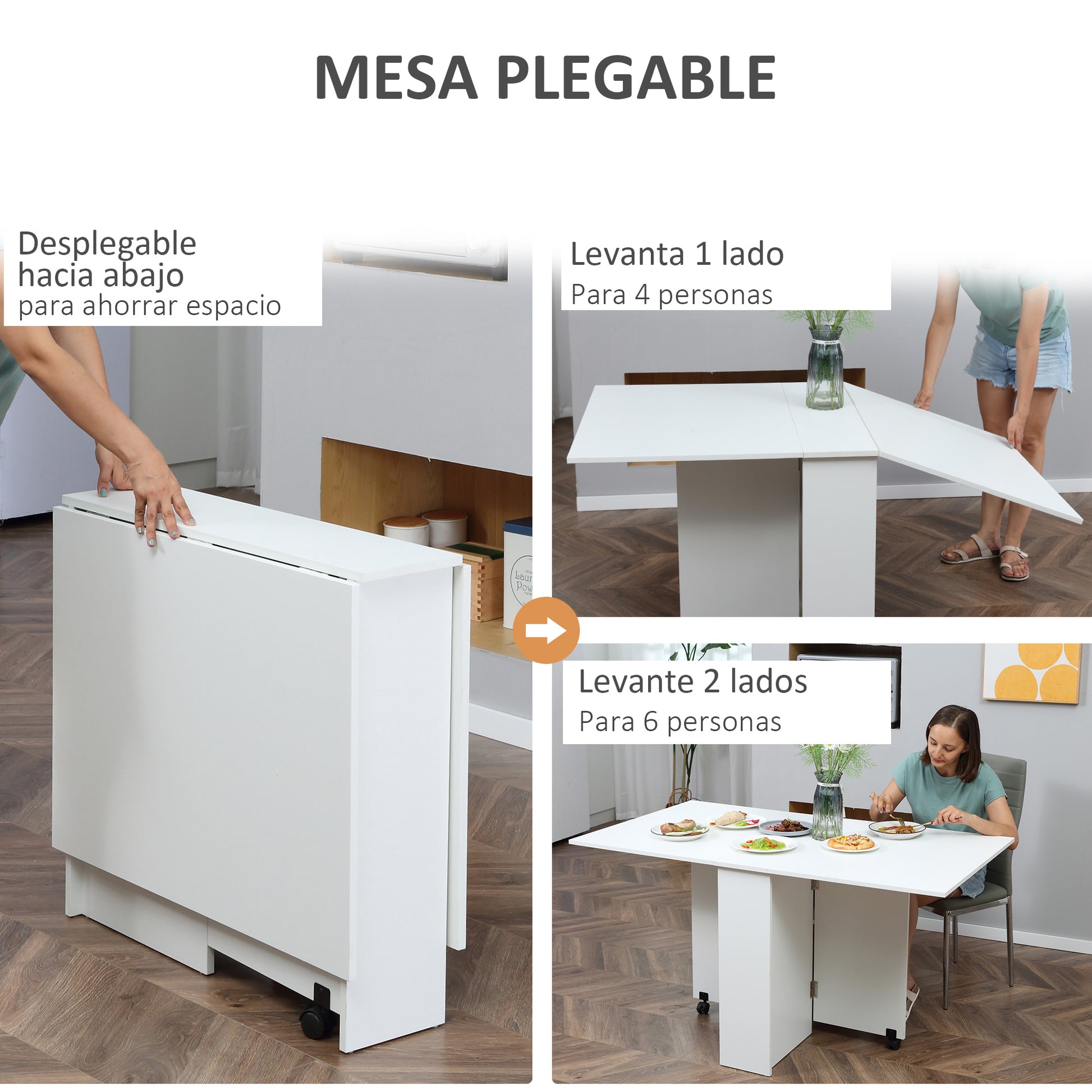 Folding Dining Table Kitchen Table with Wheels Foldable Wings and Shelves for 4-6 People 75x140x74 cm White