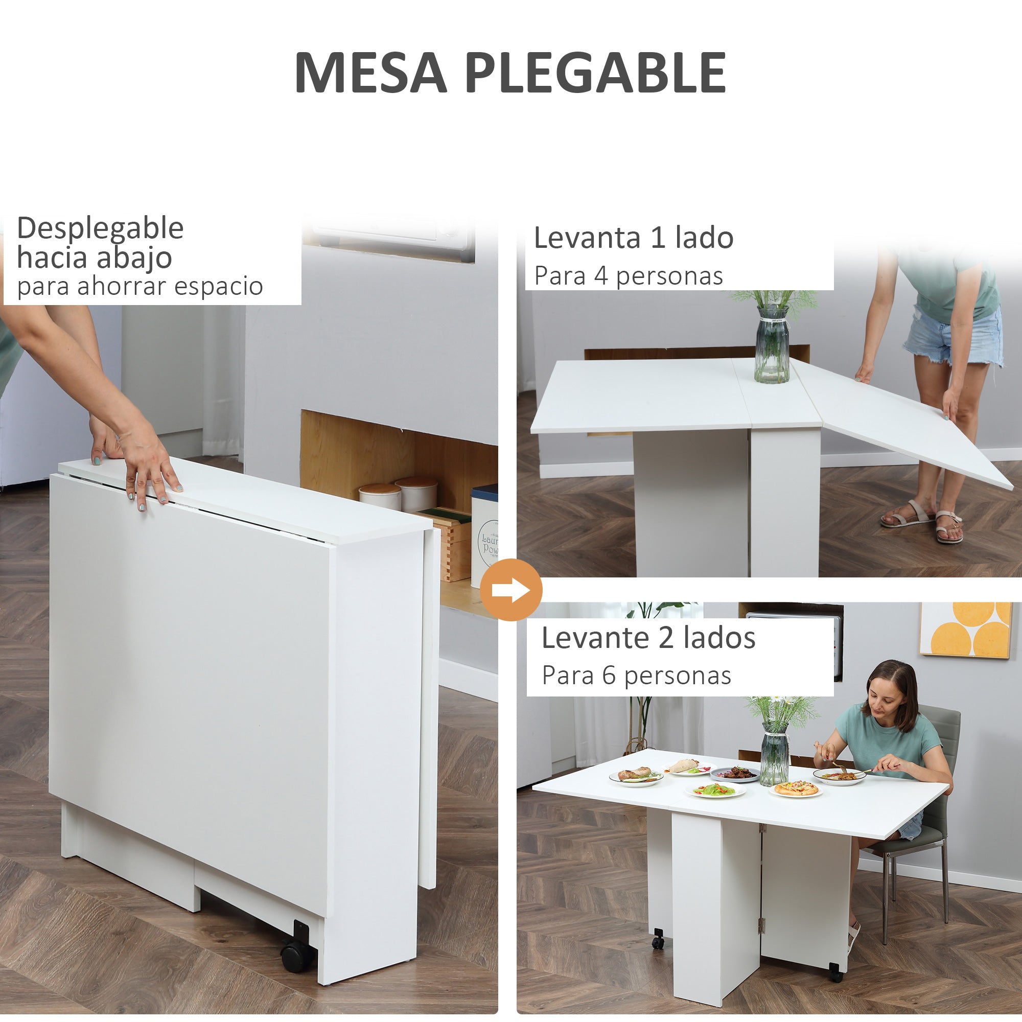 Folding Dining Table Kitchen Table with Wheels Foldable Wings and Shelves for 4-6 People 75x140x74 cm White