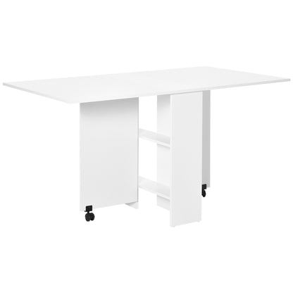 Folding Dining Table Kitchen Table with Wheels Foldable Wings and Shelves for 4-6 People 75x140x74 cm White