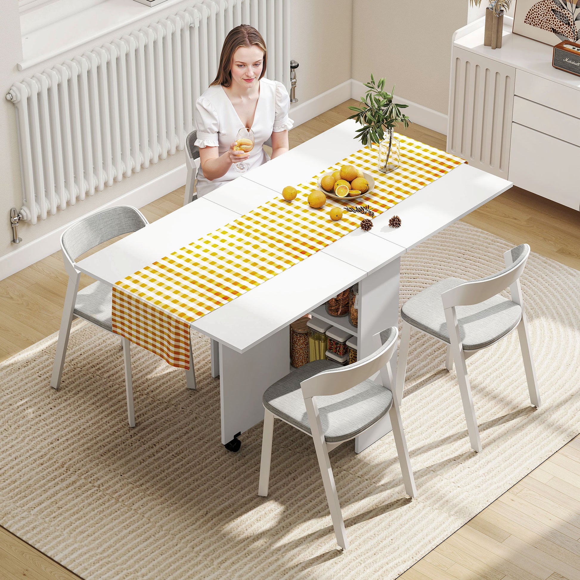 Folding Dining Table Kitchen Table with Wheels Foldable Wings and Shelves for 4-6 People 75x140x74 cm White