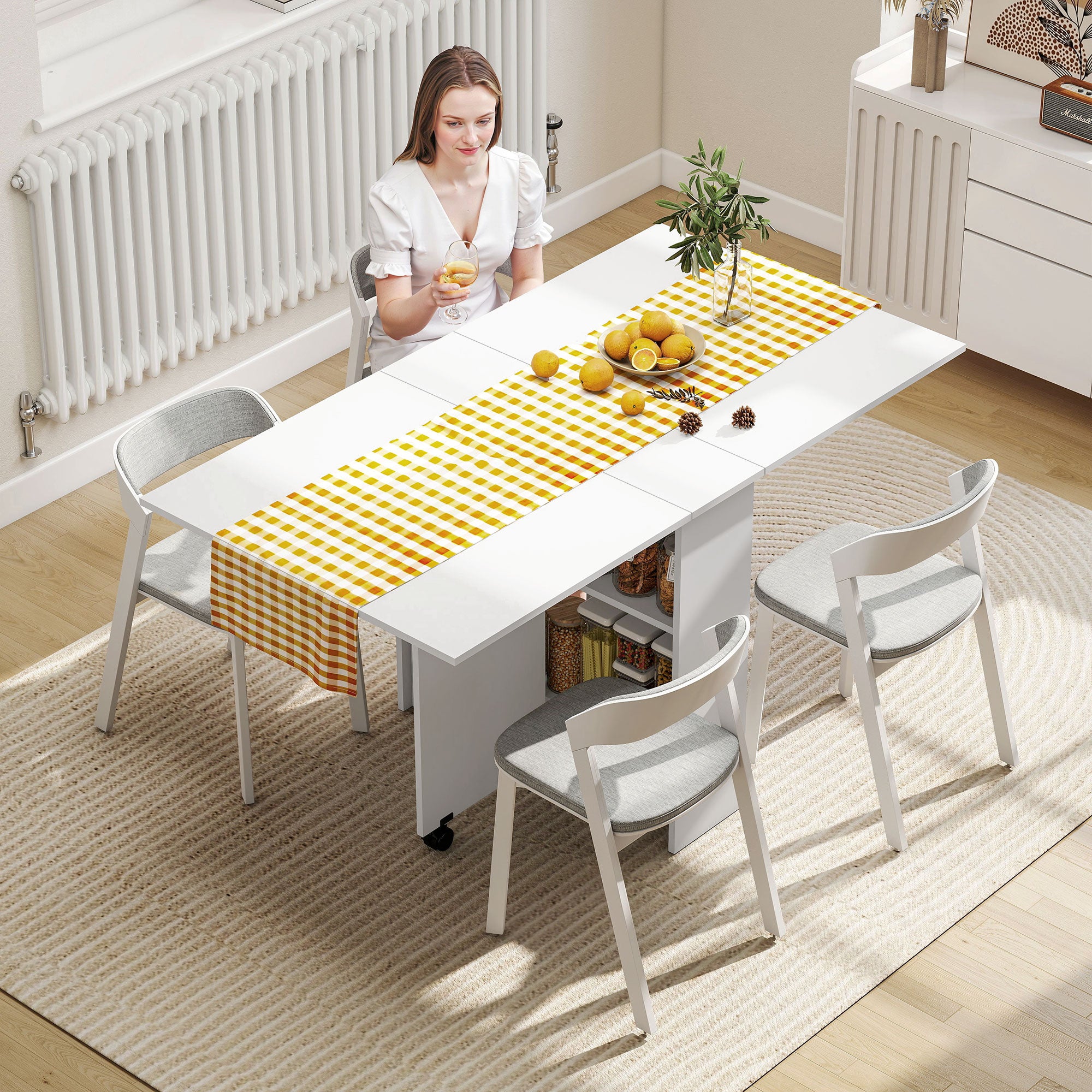 Folding Dining Table Kitchen Table with Wheels Foldable Wings and Shelves for 4-6 People 75x140x74 cm White