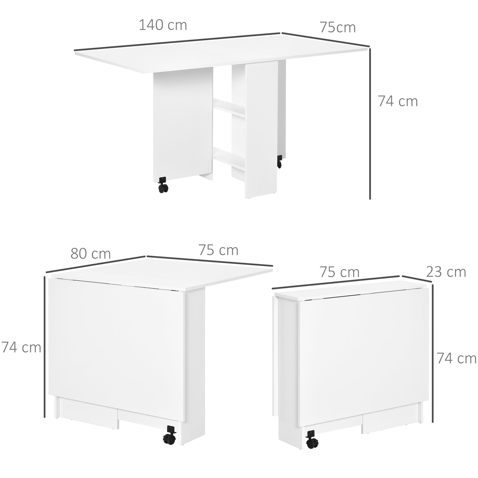 Folding Dining Table Kitchen Table with Wheels Foldable Wings and Shelves for 4-6 People 75x140x74 cm White
