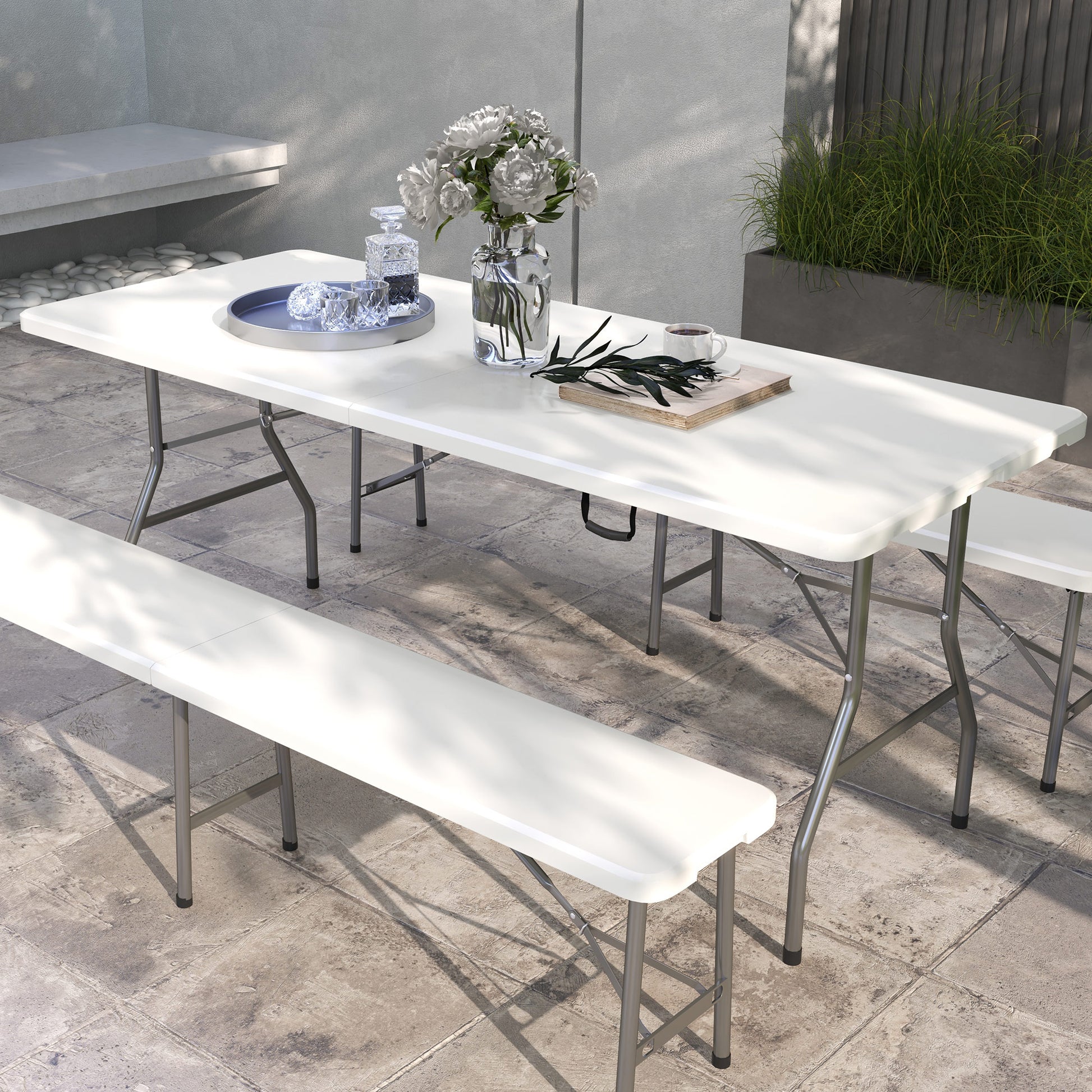 Camping Table Folding Table, Balcony Table for 6 People, Buffet Table for Garden, Holds up to 100 kg, HDPE, White, 180 x 75 x 73 cm
