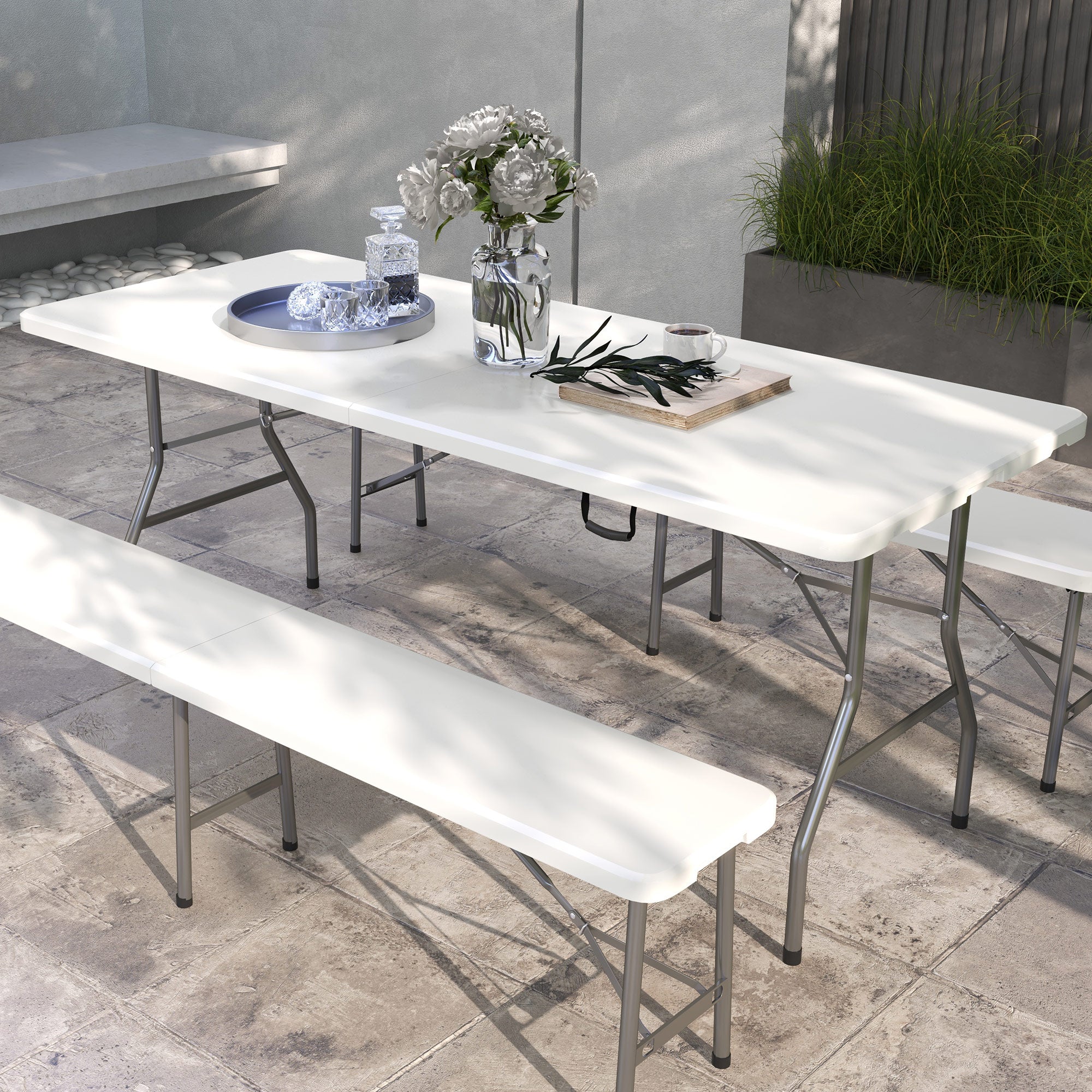 Camping Table Folding Table, Balcony Table for 6 People, Buffet Table for Garden, Holds up to 100 kg, HDPE, White, 180 x 75 x 73 cm