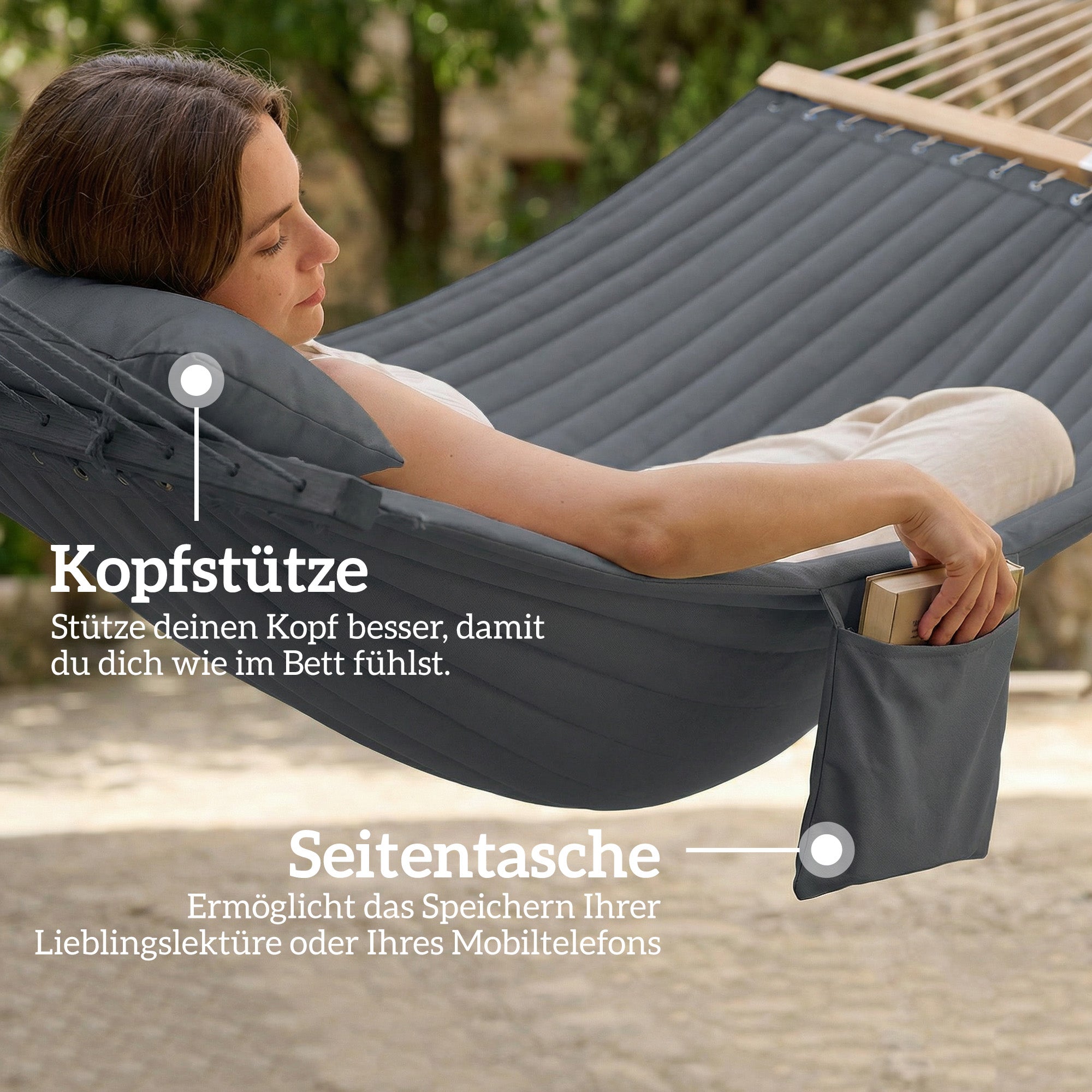 Double Quilted Outdoor Hammock with Headrest, Magazine Pocket & Beech Wood Spreaders, 200 x 140 cm (78.7 x 55 in) — Gray