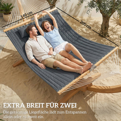 Double Quilted Outdoor Hammock with Headrest, Magazine Pocket & Beech Wood Spreaders, 200 x 140 cm (78.7 x 55 in) — Gray