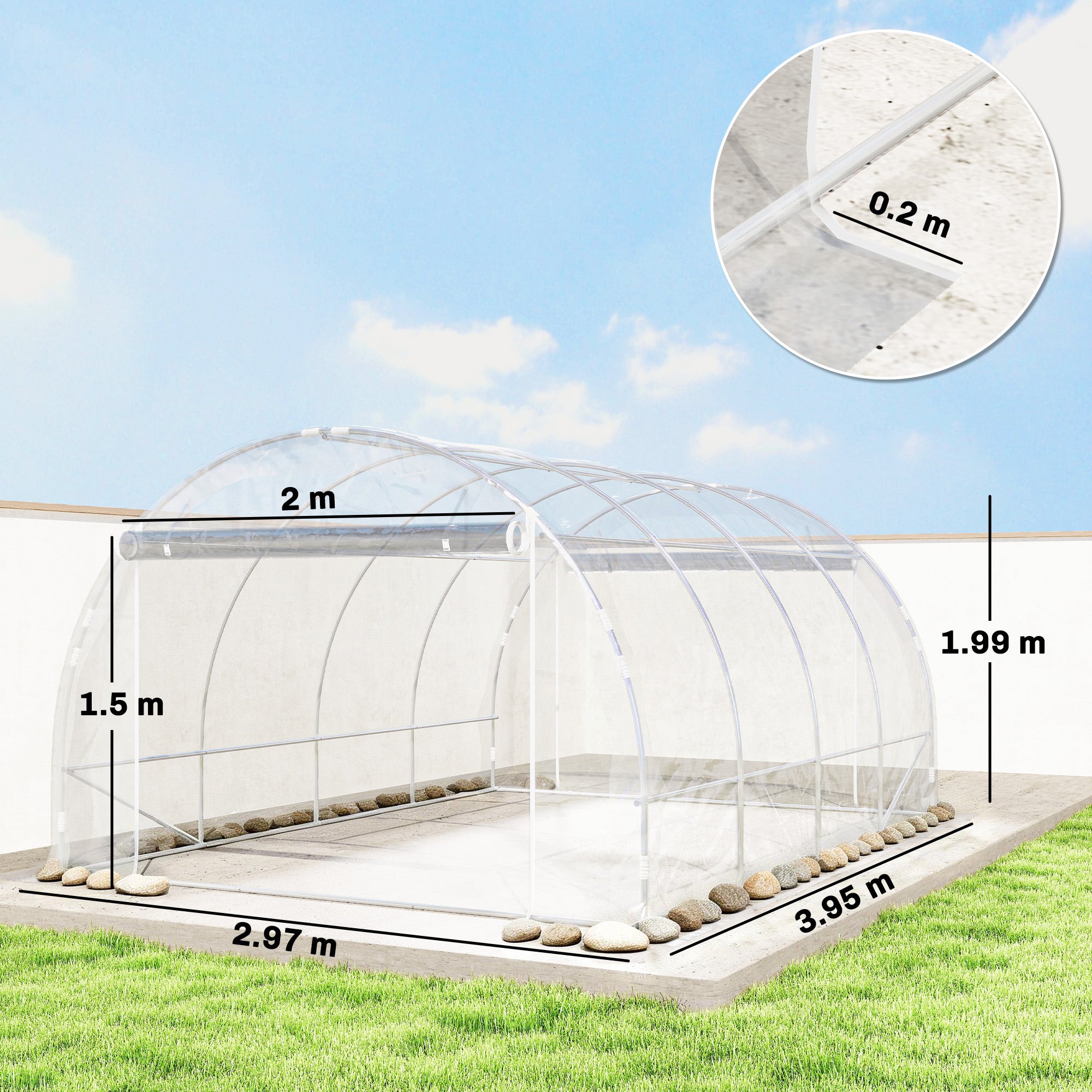 3×4×2 m Tunnel Garden Greenhouse with 2 Roll-Up Doors — Steel Frame, UV-Resistant PE Cover, 4 Diagonal Braces, Transparent