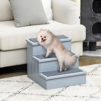 Pet Stairs 3 Steps Cat Stairs Pet Stairs for Dogs and Cats Animal Stairs Entry Aid with Carpet Storage Space for Sofa Bed Fir Wood Gray 40.5 x 44.5 x 38 cm
