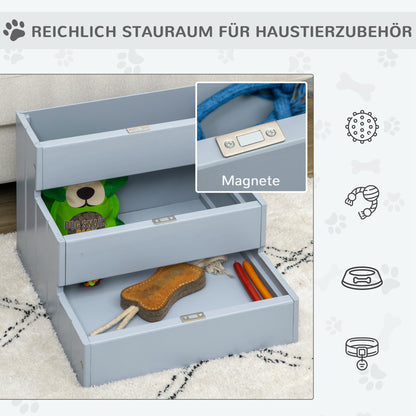 Pet Stairs 3 Steps Cat Stairs Pet Stairs for Dogs and Cats Animal Stairs Entry Aid with Carpet Storage Space for Sofa Bed Fir Wood Gray 40.5 x 44.5 x 38 cm