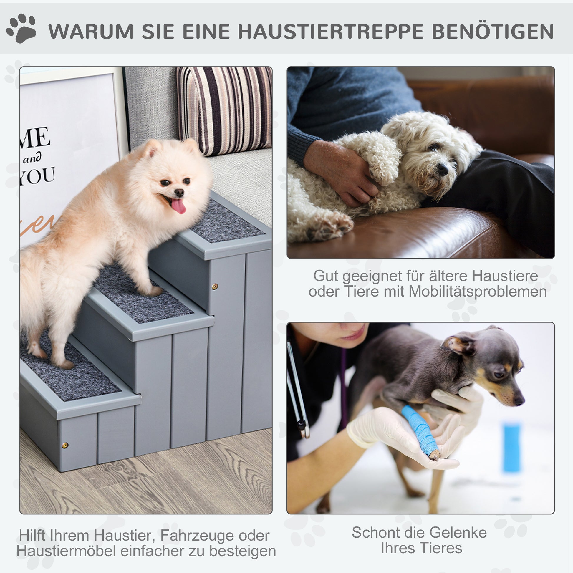 Pet Stairs 3 Steps Cat Stairs Pet Stairs for Dogs and Cats Animal Stairs Entry Aid with Carpet Storage Space for Sofa Bed Fir Wood Gray 40.5 x 44.5 x 38 cm