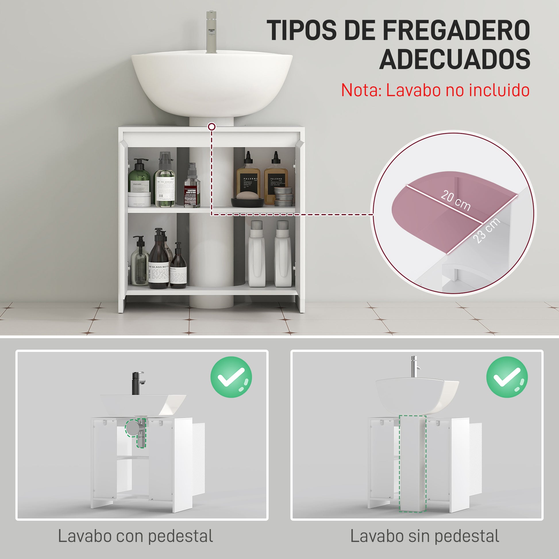 Under Sink Cabinet Modern Bathroom Vanity with Shelf Anti-Tip Foot 40 kg Load 60x30x60 cm White